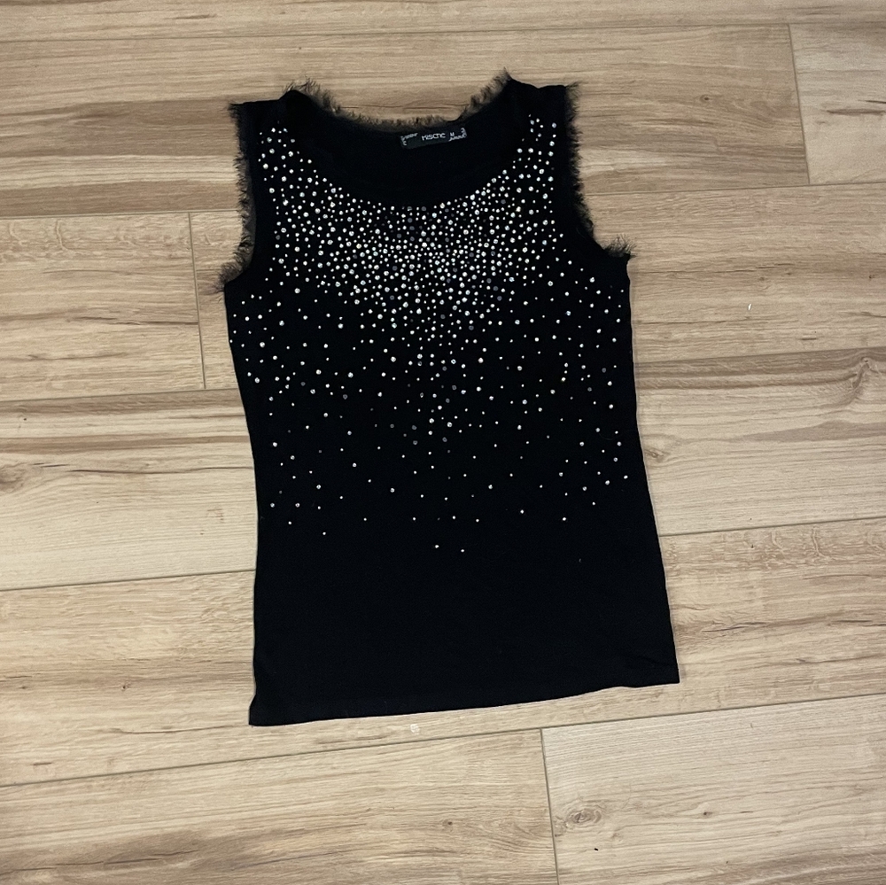 Kische Black Tank Top with Silver Sparkles And Black Lace Detailing